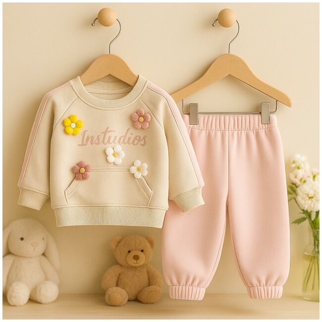 Set 2 piese bluza cu aplicatii florale 3d si pantaloni bumbac 100% moale bbl58