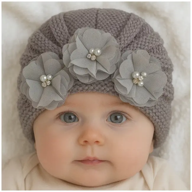 Caciulita tip turban cu floricele - gri mdx-19065-sa1-4