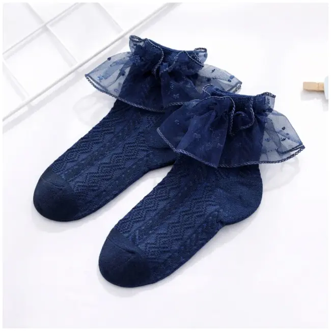 Sosetele bleumarin cu model din tesatura si volanas din tulle mdskk153-2