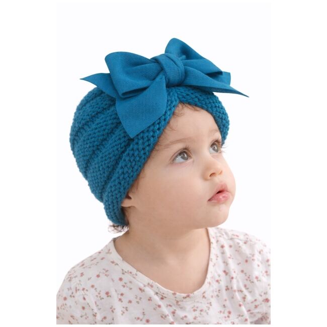 Caciulita albastra crosetata tip turban cu fundita aplicata in fata lix-22099-1-sa1