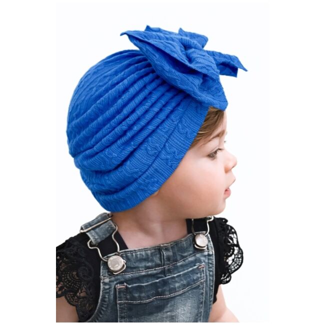 Caciulita albastra tip turban cu model din tesatura si funda aplicata amx-22032-2