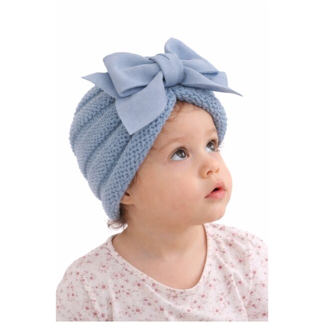 Caciulita bleu crosetata tip turban cu fundita aplicata in fata lix-22099-2-sa1