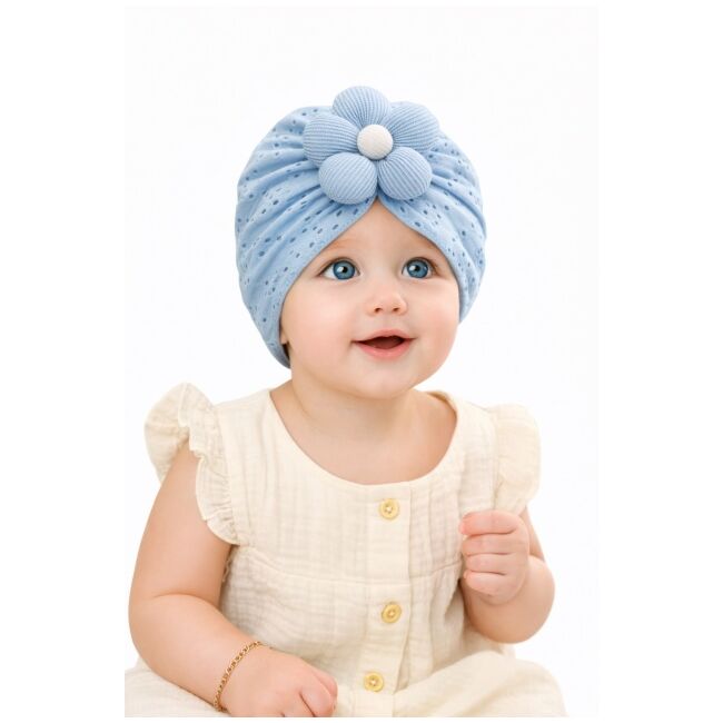 Caciulita bleu tip turban cu model ajurat si floare aplicata mdj0034-2-cd