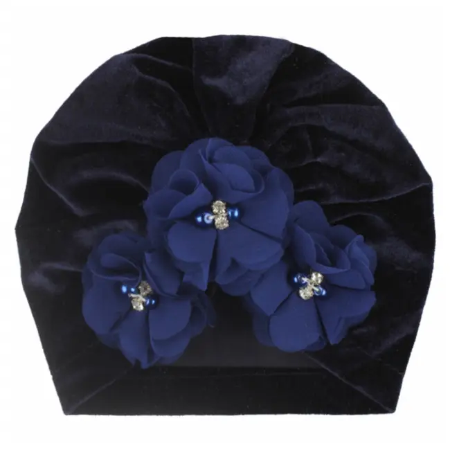 Caciulita bleumarin tip turban din catifea cu flori aplicate mdx-19068-1-sa1