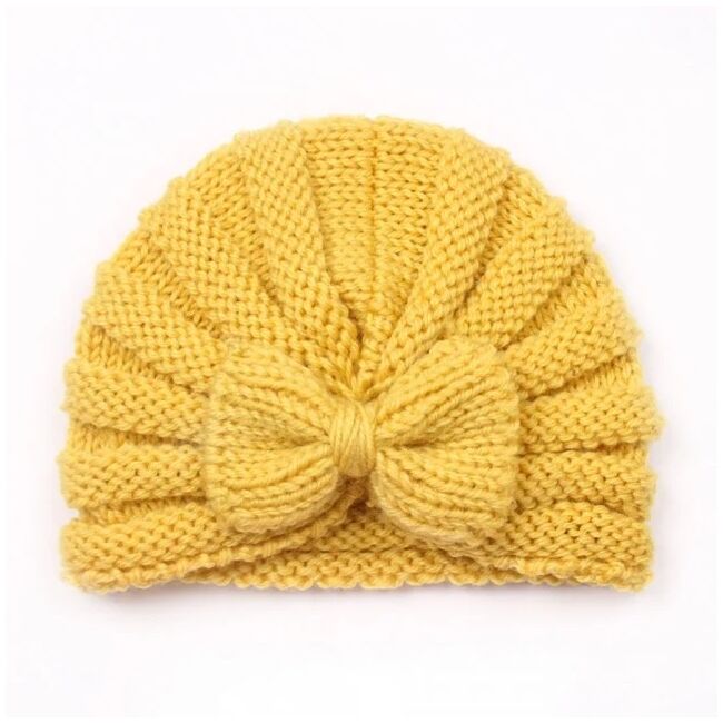 Caciulita galben mustar crosetata tip turban cu fundita adx-22035-4-sa1