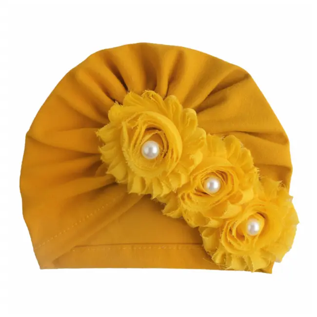 Caciulita galben mustar tip turban cu floricele cu perlute mdx-19057-1-ct4