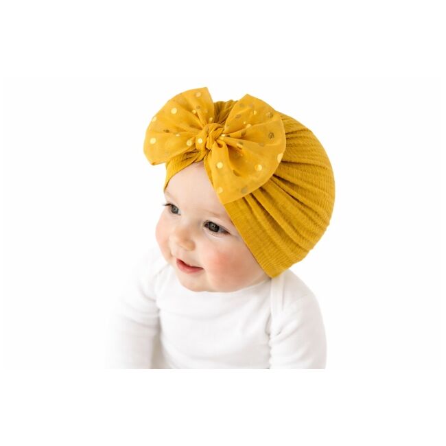 Caciulita galbena tip turban cu fundita din tulle aplicata mbx-21005-4-cd