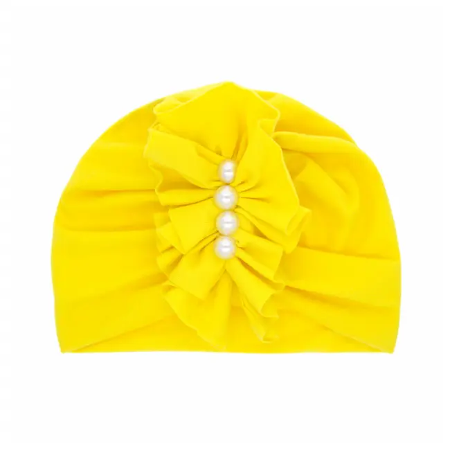Caciulita galbena tip turban cu perlute aplicate in fata mbmz046-1-ct7