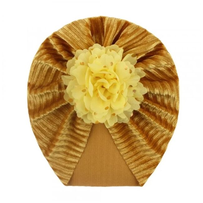 Caciulita galbena tip turban din catifea cu floare aplicata mdx-20153-4