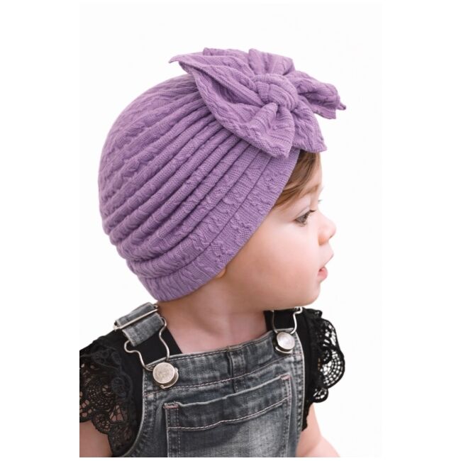 Caciulita mov tip turban cu model din tesatura si funda aplicata amx-22032-4