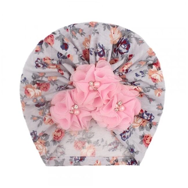 Caciulita tip turban cu floricele roz aplicate mdx-19062-3-c3