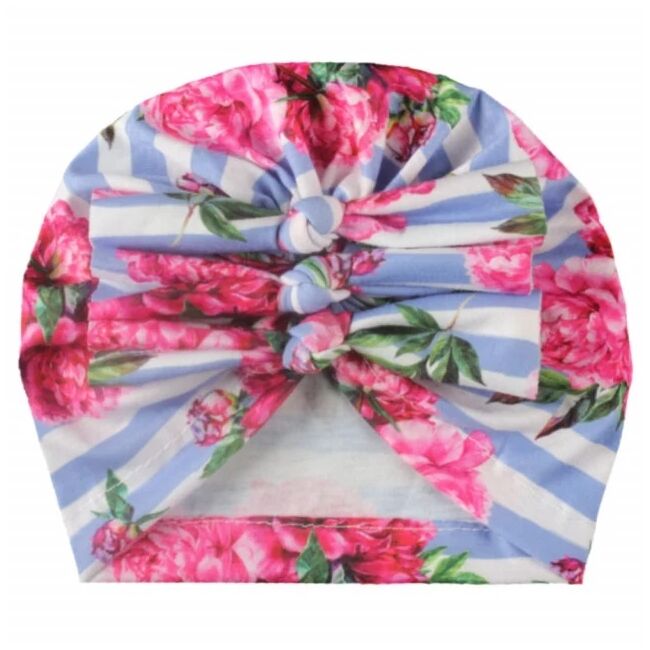 Caciulita tip turban inflorata cu dungi bleu si fundite in fata mbx-20021-3-ct2