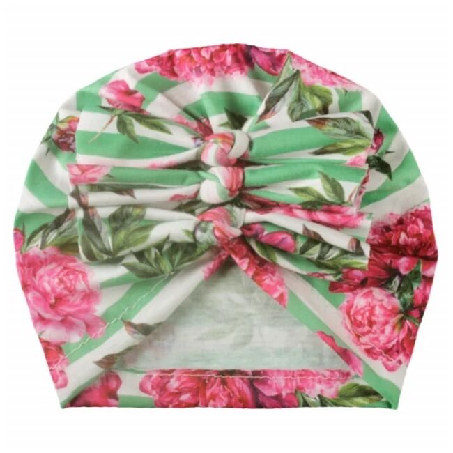 Caciulita tip turban inflorata cu dungi verzi si fundite in fata mbx-20021-2-ct2