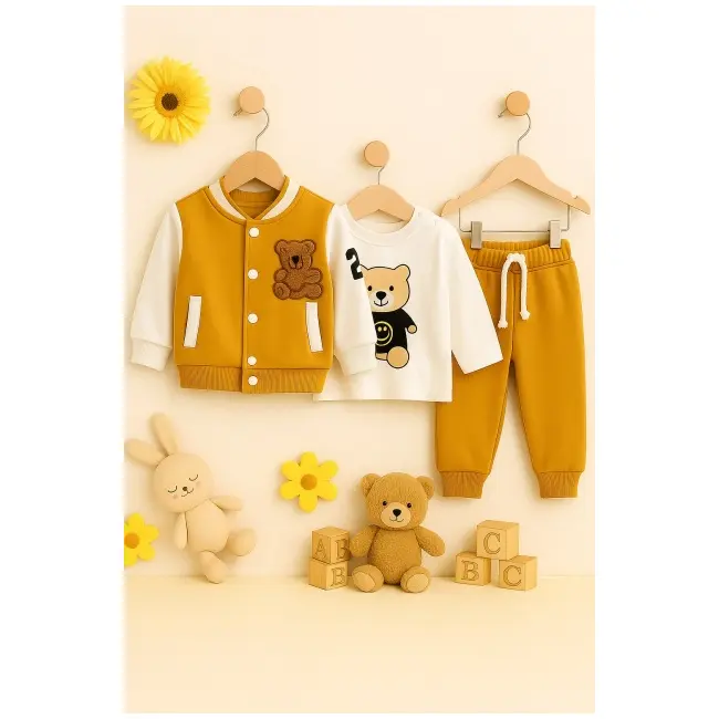 Costumas 3 piese bebelusi cu ursulet - hanorac, bluza si pantaloni comozi trpb0027