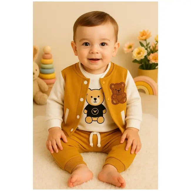 Costumas 3 piese bebelusi cu ursulet - hanorac, bluza si pantaloni comozi trpb0027