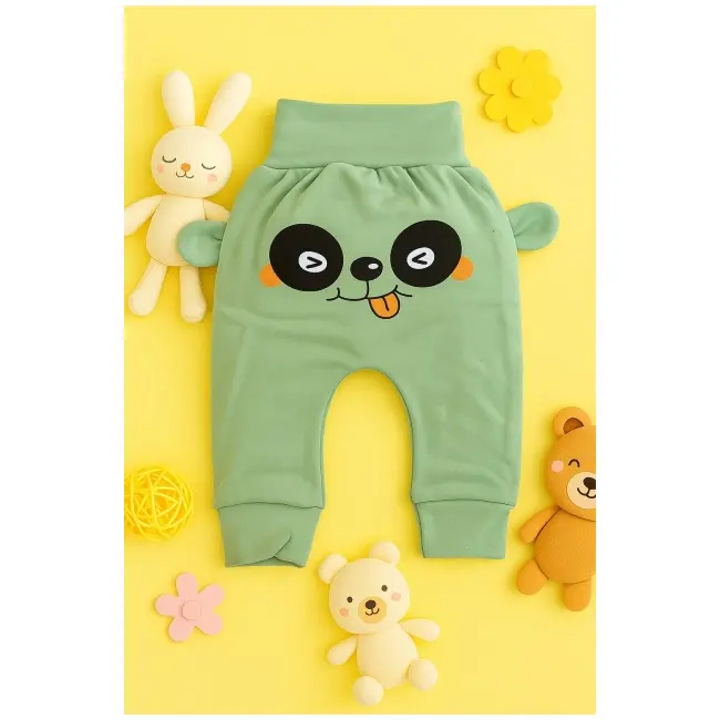 Pantaloni vernil bebe cu imprimeu vesel si urechi aplicate &ndash; model confortabil din bumbac trpb0032
