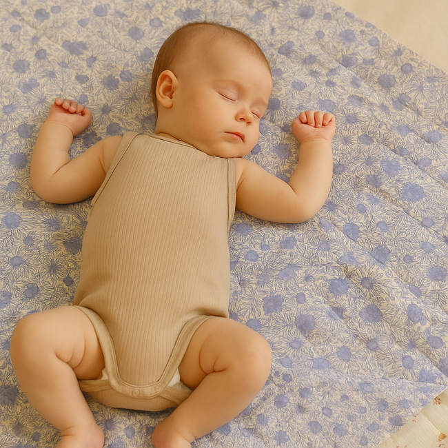 Paturica Bebelus Handmade Matlasata Din Muselina Premium Cu Fata Dubla ,   Zomea Ecru Blue, 135x100 Cm Pjb106681