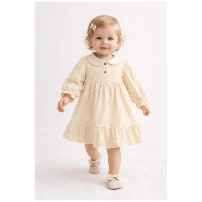 Rochita pentru bebelusi cu imprimeu floral delicat si guler rotund, crem tram0015