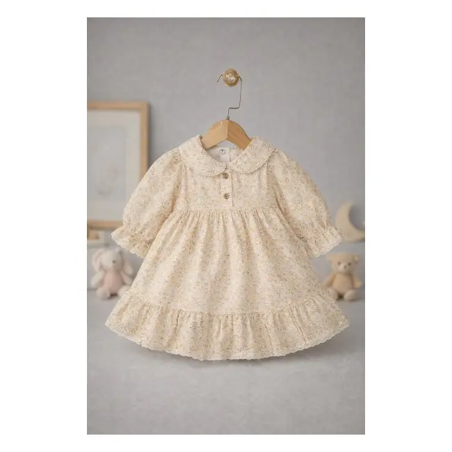 Rochita pentru bebelusi cu imprimeu floral delicat si guler rotund, crem tram0015