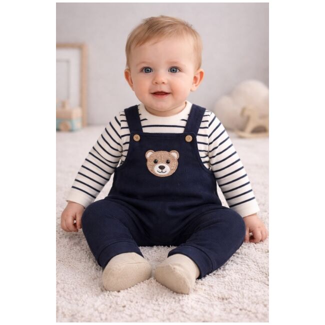 Salopeta bebelusi cu ursulet, bleumarin, set 2 piese – bluza cu dungi & salopeta trpb0006
