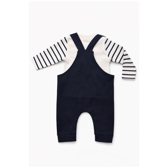 Salopeta bebelusi cu ursulet, bleumarin, set 2 piese – bluza cu dungi & salopeta trpb0006