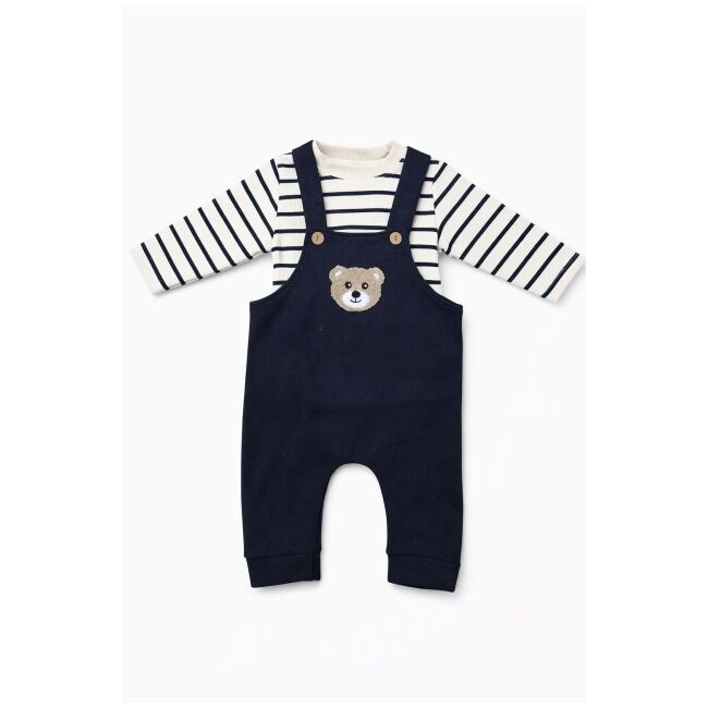 Salopeta bebelusi cu ursulet, bleumarin, set 2 piese – bluza cu dungi & salopeta trpb0006