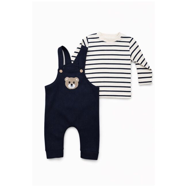Salopeta bebelusi cu ursulet, bleumarin, set 2 piese – bluza cu dungi & salopeta trpb0006