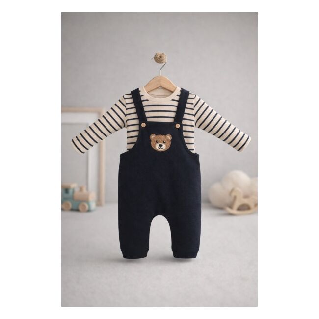 Salopeta bebelusi cu ursulet, bleumarin, set 2 piese – bluza cu dungi & salopeta trpb0006