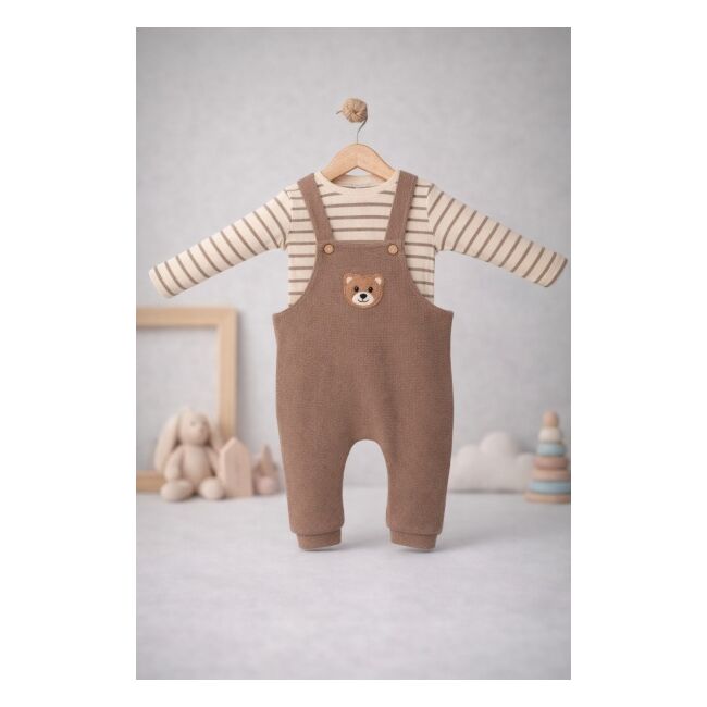 Salopeta bebelusi cu ursulet, maro, set 2 piese – bluza cu dungi & salopeta trpb0005