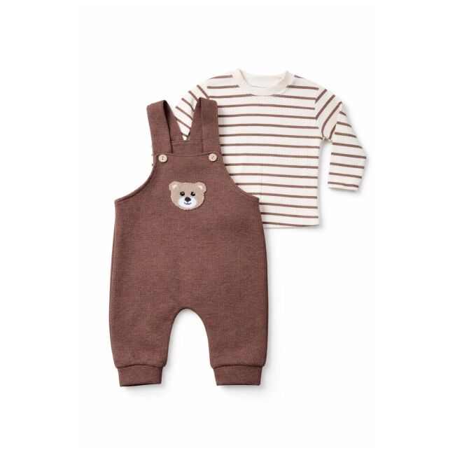 Salopeta bebelusi cu ursulet, maro, set 2 piese – bluza cu dungi & salopeta trpb0005