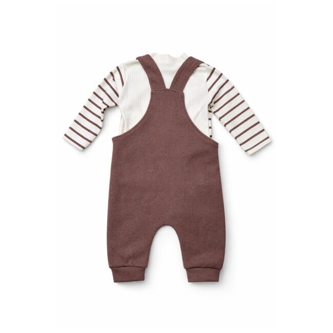 Salopeta bebelusi cu ursulet, maro, set 2 piese – bluza cu dungi & salopeta trpb0005