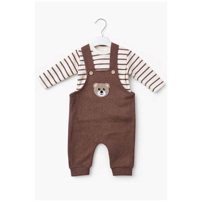 Salopeta bebelusi cu ursulet, maro, set 2 piese – bluza cu dungi & salopeta trpb0005