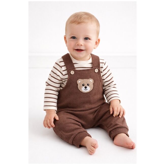 Salopeta bebelusi cu ursulet, maro, set 2 piese – bluza cu dungi & salopeta trpb0005