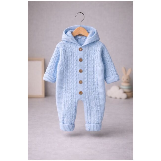 Salopeta bebelusi tricotata bleu cu gluga – calduroasa si moale tram0002