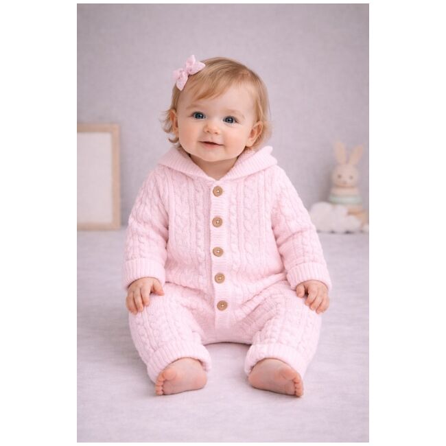 Salopeta bebelusi tricotata roz cu gluga – calduroasa si moale tram0003