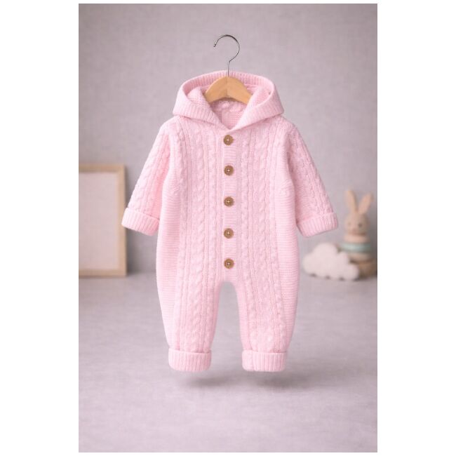 Salopeta bebelusi tricotata roz cu gluga – calduroasa si moale tram0003