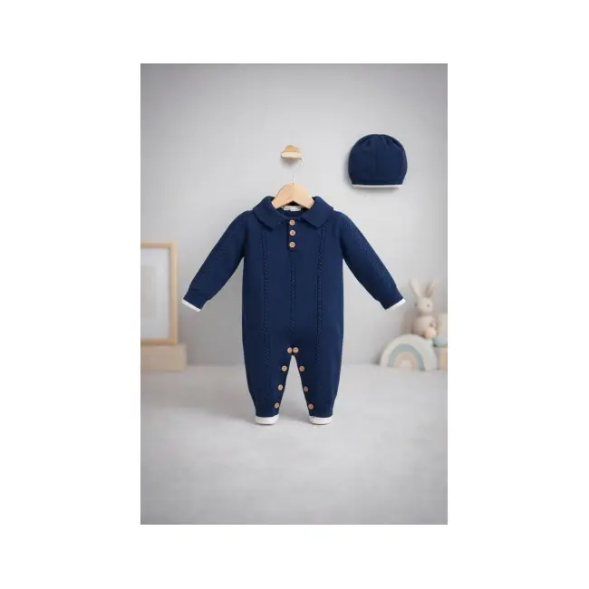 Salopeta tricotata bebelusi baieti cu guler si caciulita, culoare bleumarin tram0011