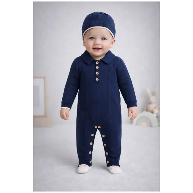 Salopeta tricotata bebelusi baieti cu guler si caciulita, culoare bleumarin tram0011