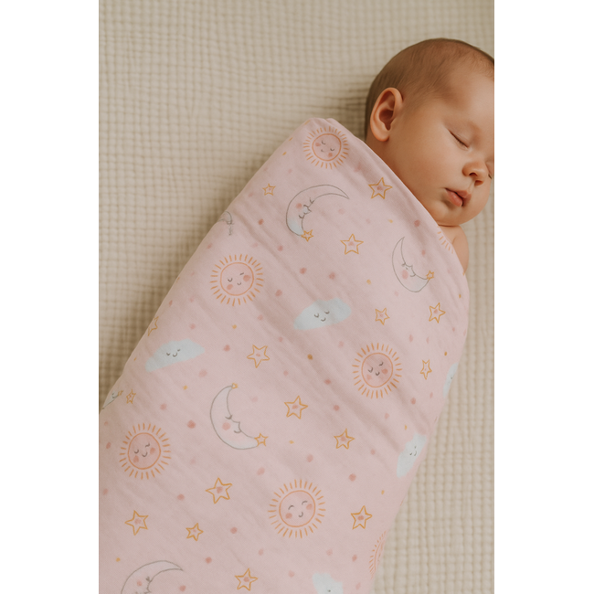 Set 2 Scutece Finet 100% Bumbac Pentru Bebelusi ,   70a 80 Cm ,   Happy Skies Rose   Moon  Stars Pjb09815.005