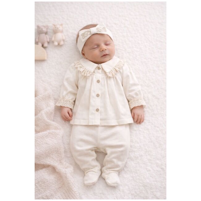 Set baby aura 0–3 luni, 3 piese cu tiv din dantelă la guler b2504