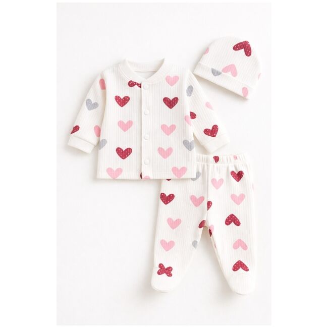 Set bebelusi 3 piese, bumbac rib, imprimeu inimioare trpb0010-cp1