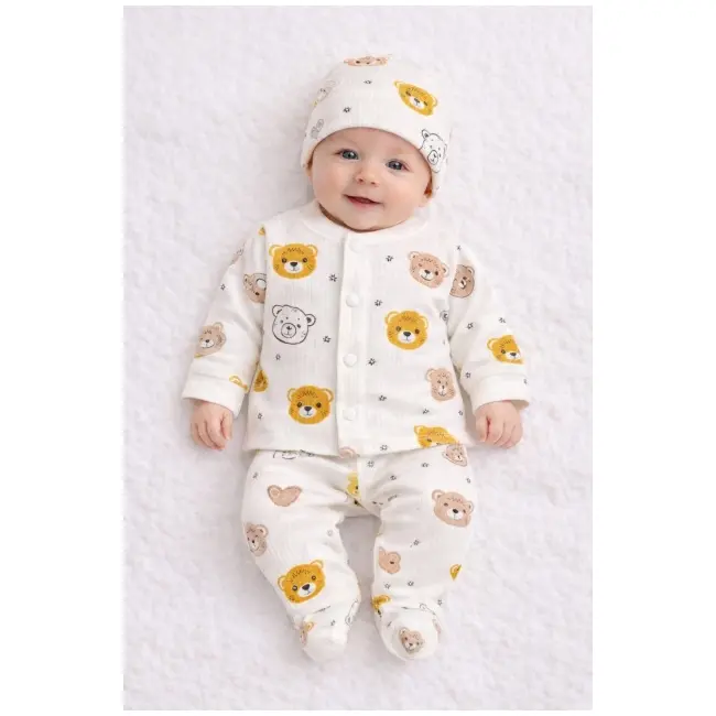 Set bebelusi 3 piese, bumbac rib, imprimeu ursuleti, bluzita cu capse, pantaloni si caciulita trpb0011-cp1