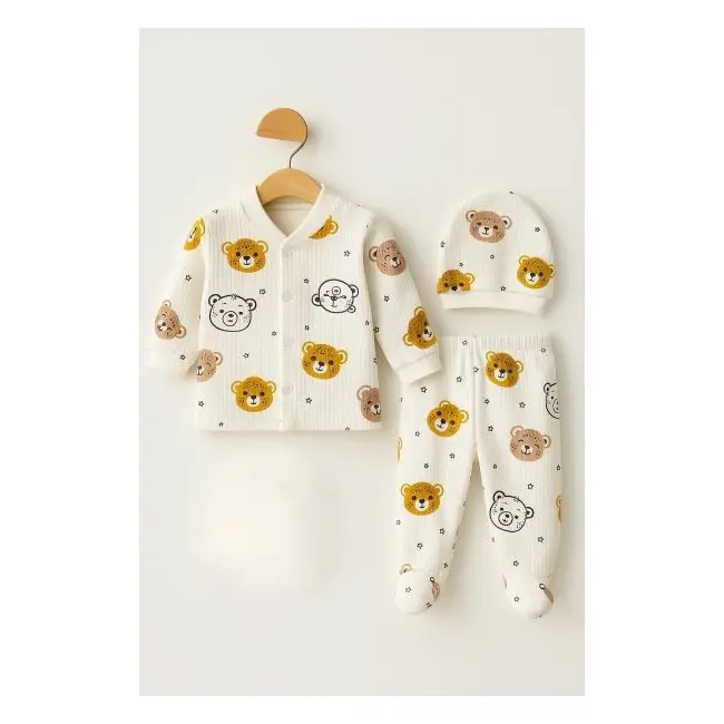 Set bebelusi 3 piese, bumbac rib, imprimeu ursuleti, bluzita cu capse, pantaloni si caciulita trpb0011-cp1