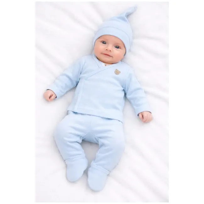 Set bleu pentru bebelusi din bumbac cu bluza petrecuta, pantaloni si caciulita, roz tram0018
