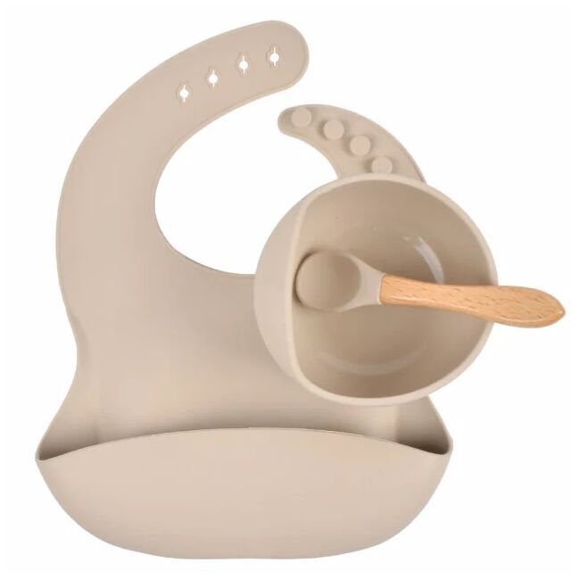 Set din silicon cu bol bavetica si lingurita pentru bebe - bej addta59-1