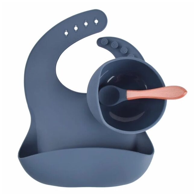 Set din silicon cu bol bavetica si lingurita pentru bebe - bleumarine addta59-2