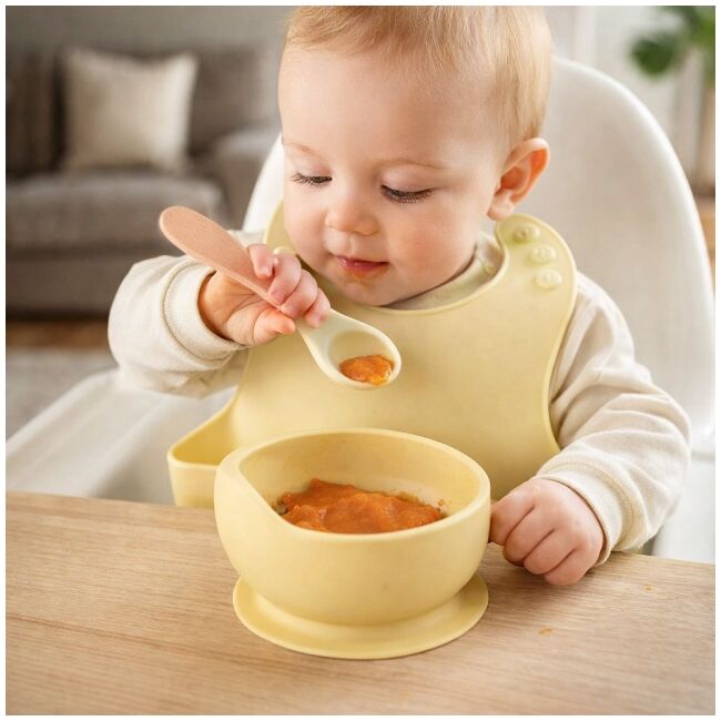Set din silicon cu bol bavetica si lingurita pentru bebe - galben addta59-3