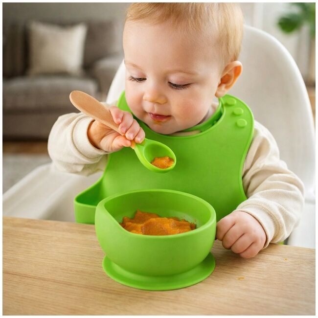 Set din silicon cu bol bavetica si lingurita pentru bebe - verde addta59-7