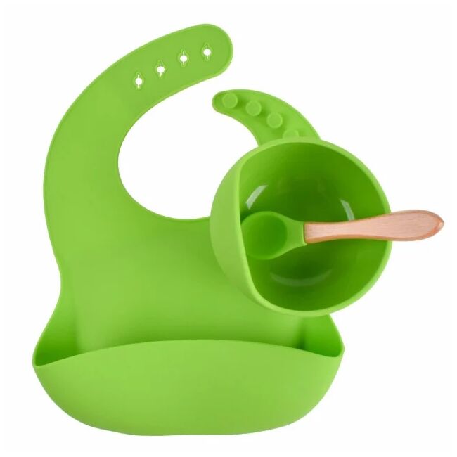 Set din silicon cu bol bavetica si lingurita pentru bebe - verde addta59-7