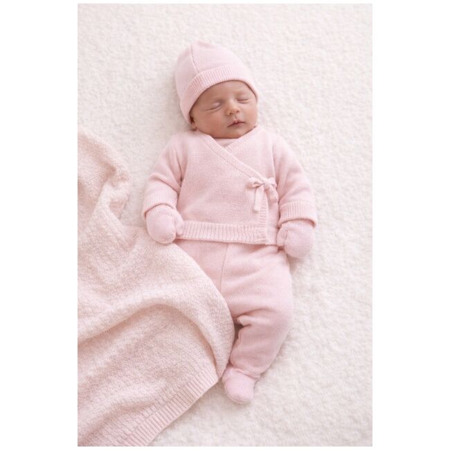 Set modify tricotat nou-născut 6 piese – bluzita, pantaloni, caciula, mănuși, botosei și pătură bp3229